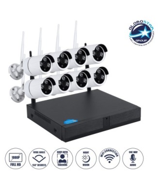 GloboStar® 86038 Ασύρματο Καταγραφικό με 8 x Camera 2MP 1080P WiFi  150° Μοιρών - Αδιάβροχο IP66 - Νυχτερινή Όραση με LED IR - Μονή Κατέυθυνση Ομιλίας - Ανιχνευτή Κίνησης - Νυχτερινή Λήψη - Λευκό